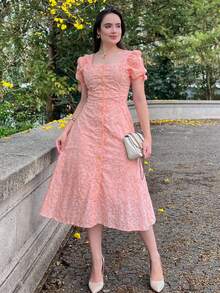 Women's Midi Dress, Casual, Elegant, Cotton, Daily - Coral Pink - View 6