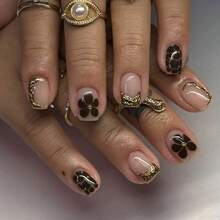 2026hot-3D Petal French Tip Press On Nails - Short Square Brown Flower False Nails, Vintage Classic Manicure Set - JP4023 - 查看 2