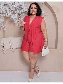 Women's Premium Plus Size Double Vest And Short Set - Red - View 3