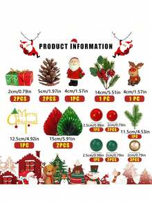 20pcs Christmas Cake Decorations, Merry Christmas Cake Toppers, Including Green And Red Faux Palm Leaf Fan And Gift Box Decorations, Mini Santa Claus And Reindeer, Red And Green Gold Foam Ball Cake Toppers, Suitable For Christmas Winter Holiday Cake Decorations, Christmas Themed Party Supplies, Babyshower Cake Decorations - Multicolor - View 2