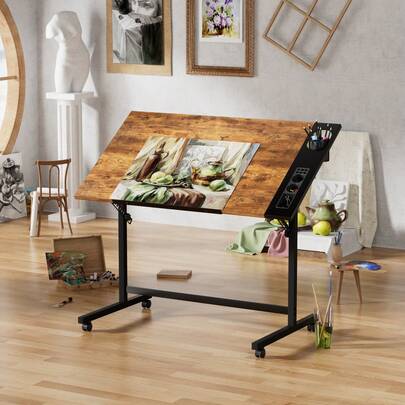 VECELO Height Adjustable Drafting Table Drawing Table Artist Desk Tilting Tabletop Art Craft Desk Watercolor Paintings Sketching Work Station W/2 Storage Drawers And Stool For Home Office