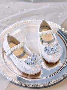 1 双女童软底闪亮蝴蝶水钻公主鞋，时尚百搭，适合日常穿着和装扮 - 米色 - 查看 2