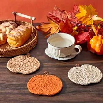 4-Piece Handmade Crochet Pumpkin Coaster Set, Autumn Water Absorbing Beverage Coaster, Made Of High-Quality Polyester Fiber, Color (Brown/Beige/Yellow/White), Protecting Desktop, Halloween And Thanksgiving Themed Party Decoration, Coffee Cup Accessories, Cup Accessories, Water Cup Accessories