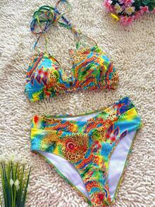 Colorful Print Bikini Set | Halter Neck & Triangle Top, Must - Have For Summer Beach Getaways - Leopard - View 5