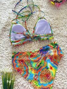 Colorful Print Bikini Set | Halter Neck & Triangle Top, Must - Have For Summer Beach Getaways - Leopard - View 6