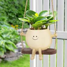 Cute Smiling Face Hanging Flowerpot High-Quality Resin Drainage Hole, Perfect For Indoor And Outdoor Decoration DIY Fun For Families And Gardens Ideal Gift For Plant Enthusiasts - 米色 - 查看 7