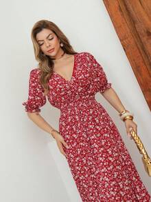 A&DD MODA, REF: 165 Women's Short-Sleeved Floral Dress With Pleated Elastic And A Ruffled Hem. Brazilian Ribbed Style, Ideal For Dances, Conferences, And Formal Events. The Dress Is Fitted To The Body And Made Of Smooth Fabric. - 酒紅色 - View 5