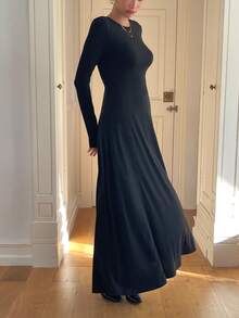 Abito midi a-line elegante da pendolare con collo rotondo e colore unito, autunnale - nero - Visualizzare 5