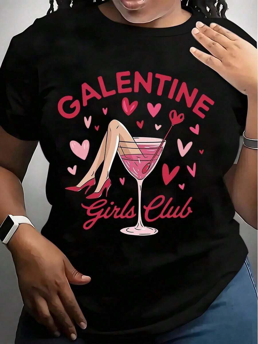 Galentine Girls Club T-Shirt - Women's Valentine's Day Party Shirt With Cocktail And Hearts Design, Fun Gift For Galentine's Day CelebrationSummer - 黑色 - 查看 1