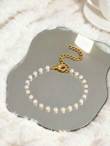 1 件简约优雅仿珍珠不锈钢金手链女士时尚精致温柔日常婚礼珠宝圣诞节、情人节、周年纪念礼物 - 彩色 - 查看 4