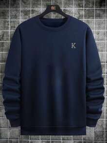 Men's Casual Versatile Grey Letter Graphic Print Crew Neck Sweatshirt, Suitable As Gift For Husband, Boyfriend, Friend - Navy Blue - View 4