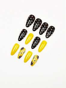 24pcs Medium Almond Shaped Glossy Press-On Nails, Vintage Soft Brown Color, Sunflower & Polka Dot Pattern, Gentle Aesthetic Nail Art Set, Suitable For Girls And Office Workers For Daily, Date, Party, Holiday, Includes 1pc Jelly Gel And 1pc Small Nail File