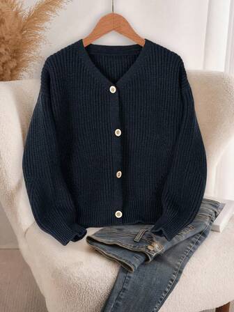 1 st Tween Girls Elegant Mode Daglig Pendling Skola Casual Bekväm Retro Dekor Casual Utomhus Enfärgad V-ringad Knappdekor Stickad Kofta, Vår Höst Vinter Tillbaka till skolan