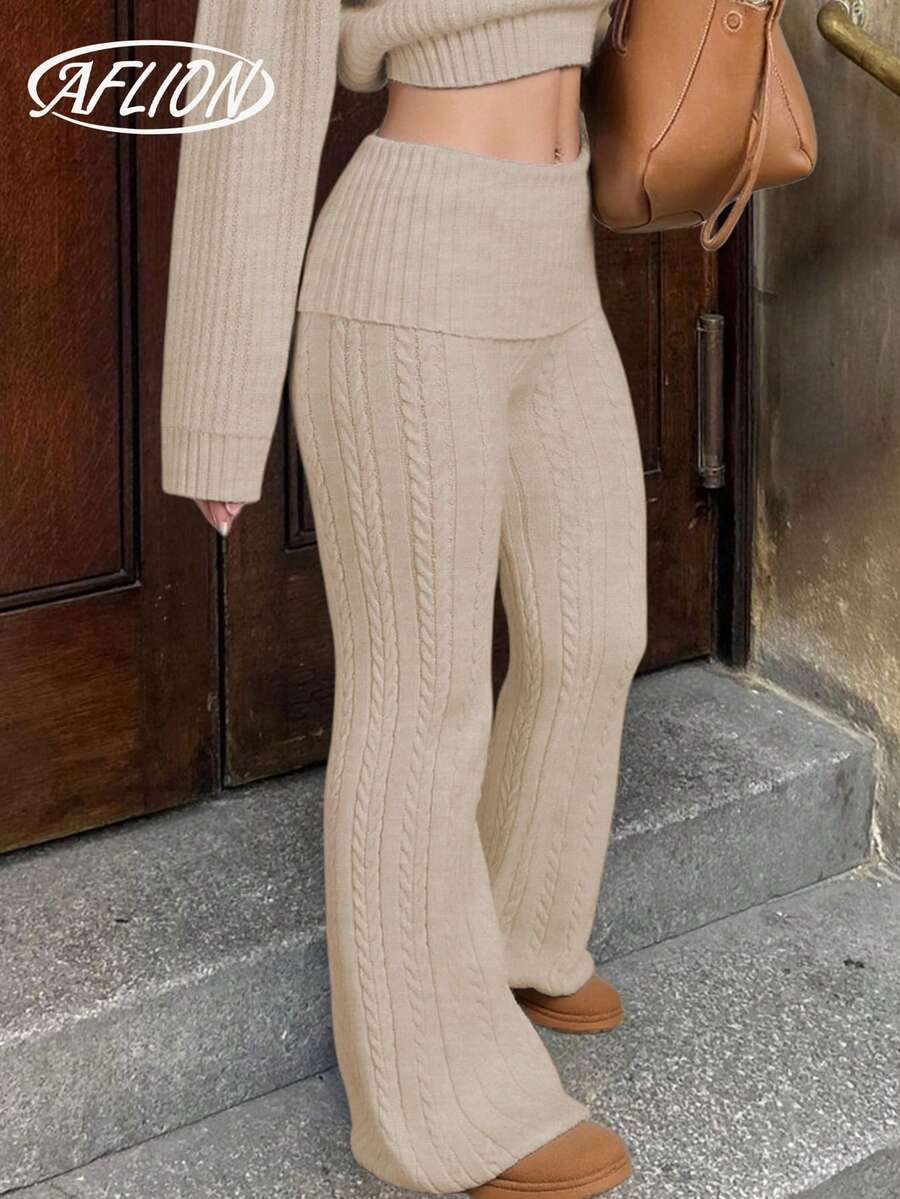 Aflion 女士纯色宽松高腰纹理针织裤，修身显瘦，时尚Y2K风格，适合约会、朋友聚会、郊游、音乐节、通勤、办公、情人节、狂欢节、新年庆祝活动等各种场合。