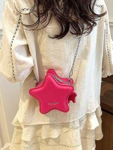 [US-Based Shipping]New Fashion Classic Cute Solid-Color PU Waterproof Fabric Alphabet Pattern Decorative Design Star-Shaped Special-Design Bag Metal Chain Crossbody Bag Perfect For Small Households To Carry While Shopping Ideal For Shopping Trips, Parties, And Gifting To Girlfriends, Besties, Or Mothers Holiday-Themed Metal Chain Fashionable Small Crossbody Bag - 玫紅色 - 查看 2