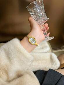 1 pieza Reloj de cuarzo elegante de moda con esfera minimalista y caja con diamantes de imitación, adecuado para decoración diaria - Dorado - Ver 4