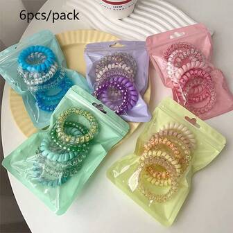 6pcs/Pack Of Telephone Wire Hair Rings, Candy Collection Sweet Gradient Color Telephone Coils, High Elasticity And Versatile Women's Headband Hair Accessories, Multiple Styles To Choose From, Without Damaging The Hair Rings.
