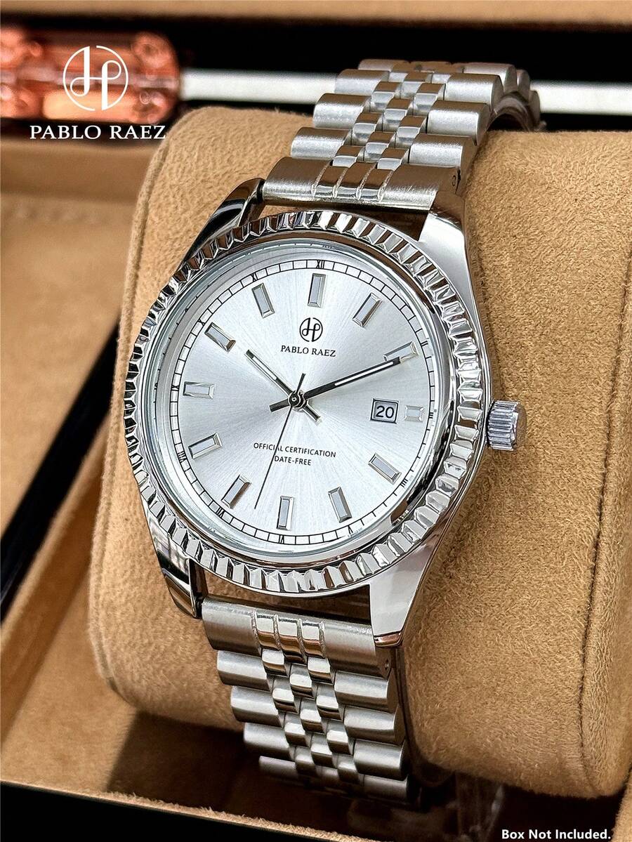 Pablo Raez 1 件经典男士手表原装迷人商务男士腕表复古银色珠宝不褪色不锈钢夏季配饰男士夜光钟表奢华名牌全新腕表