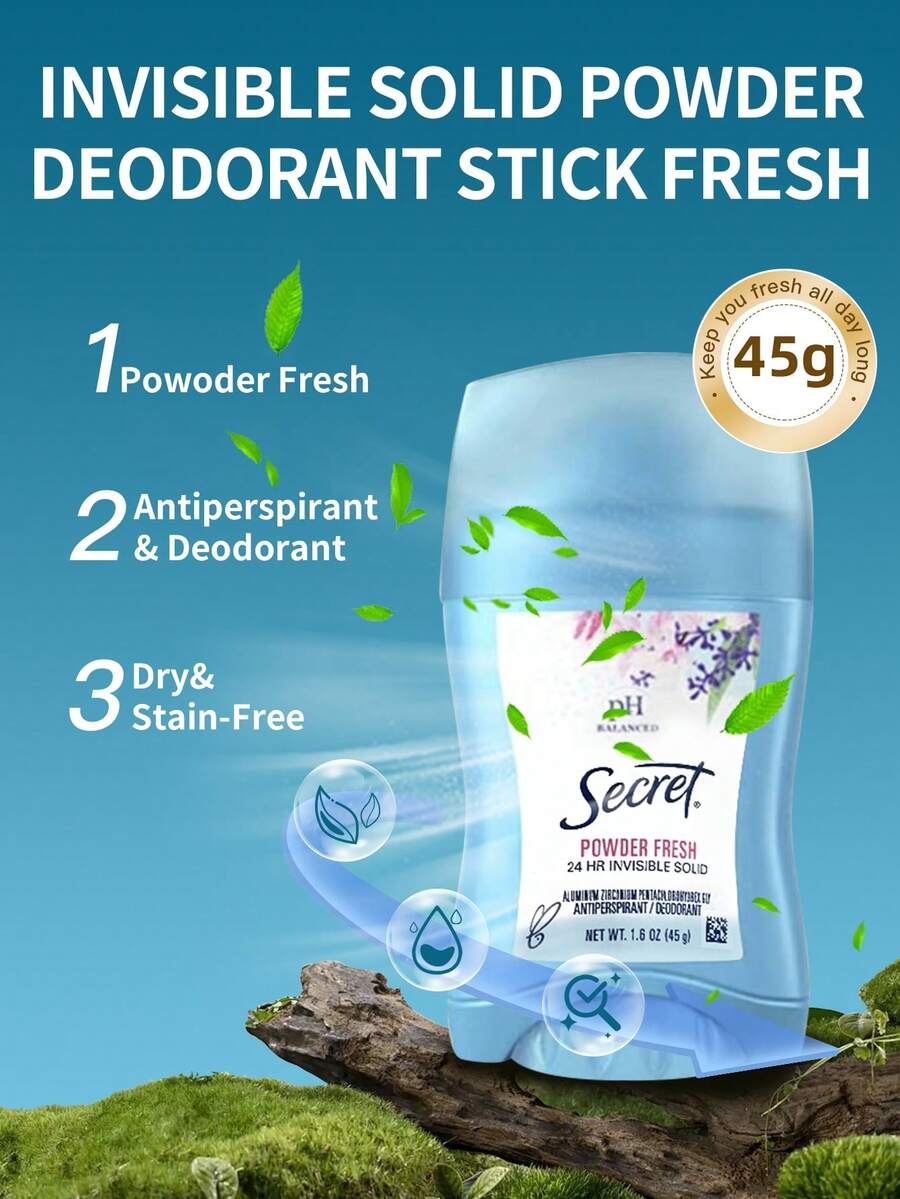 Secret 1 瓶 45g 粉末清爽隱形固體除臭膏,持久控汗除臭,無白印,日常旅行女性腋下護理 - 止汗香膏隱形固體粉清新45g/瓶 - 查看 1