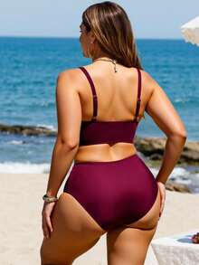 Swim Lushoire Plus Size Women's Solid Color Ruched Cutout Sexy Bikini Set, 2025 New Year Party Summer - Burgundy - View 4