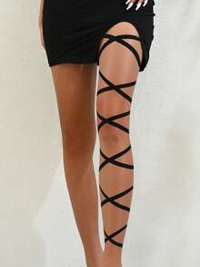 1 Pc Sexy Crisscross Elastic Strap Leg Chain, Personalized Multi-Layer Thigh Chain, Black Elastic Strap Leg Jewelry With Sexy Harajuku Style And Y2K Vibe - Multicolor - View 3