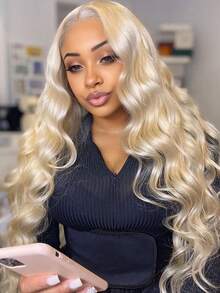 Platinum Blonde Body Wave Lace Front Wigs Human Hair With Baby Hair 13x4 HD Transparent Water Wave Lace Frontal Wigs For Women Brazilian Remy 200 Density White Colored Glueless Wigs Human Hair Pre Plucked Narural Hairline - 米色 - 查看 2
