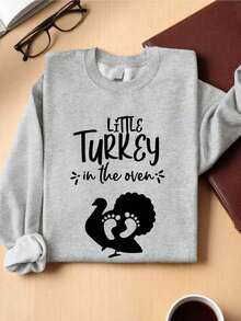 Little Turkey In The Oven Sweatshirt, Thanksgiving Pregnancy, Thanksgiving Maternity Sweater, Pregnancy Announcement Gift, Fall Pregnant Long Sleeves Sweater - 灰色 - 查看 4