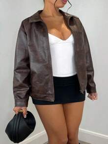 Vintage Solid Color PU Leather Pocket Plus Size Jacket, Casual Autumn/Winter - Brown - View 5