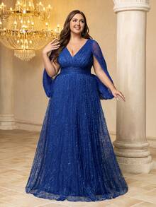 UNITHORSE Plus Women's [Random Print] Elegant Deep V Neck Cape Sleeve Sequin Contrast Mesh Fabric Pleated Slim-Fitting Maxi Evening Dress
