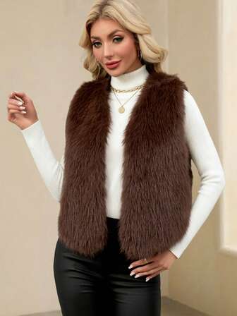 Women's Winter Faux Fur Vest, V-Neck Solid Color Faux Fur Outerwear
