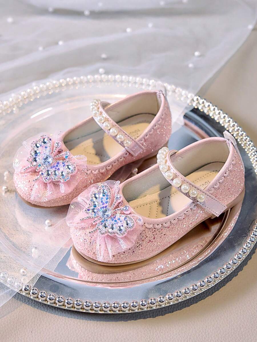 1 双女童软底闪亮蝴蝶水钻公主鞋，时尚百搭，适合日常穿着和装扮 - 粉色 - 查看 1