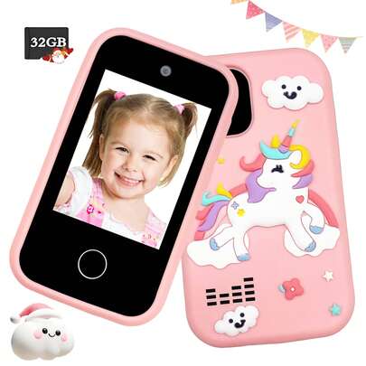 Brinquedo móvel com tela sensível ao toque de 2,8 polegadas para crianças, presente de Natal e aniversário para meninos e meninas de 3 a 12 anos, brinquedo de telefone unicórnio infantil com jogos educativos e vídeo 1080p, brinquedo de telefone portátil para viagem para crianças, inclui cartão 32G