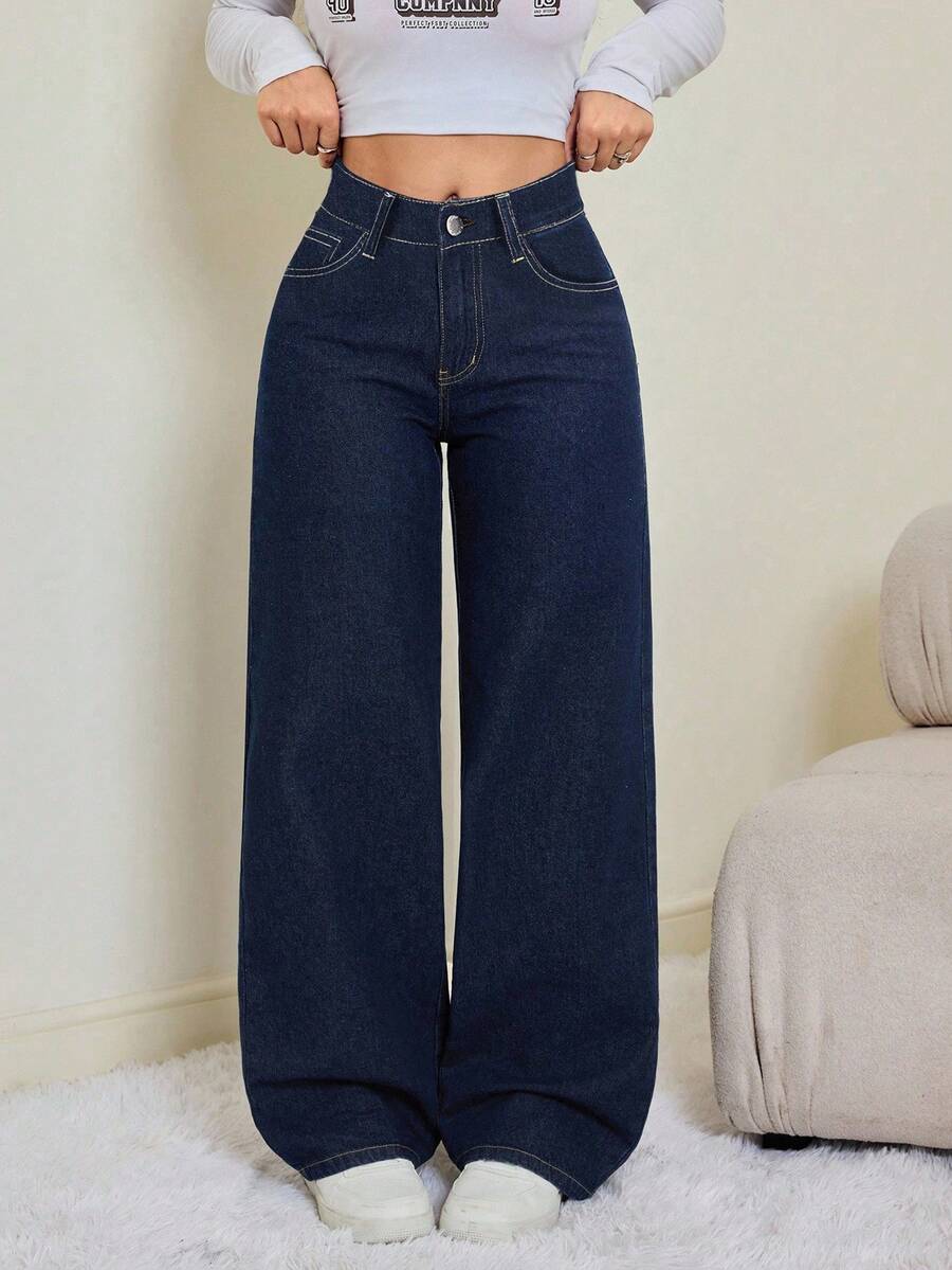 Vaqueros rectos largos de mezclilla de alta elasticidad para mujer con bolsillos, botón y cierre de cremallera - Azul - Ver 1