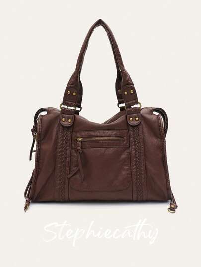 STEPHIECATHY Retro Casual Cool Street Unisex Style Soft Brush Off Washed PU Vegan Leather Zipper Closure Zip Pockets Braid Decor Large Capacity Fits 13' Laptop Tote Adjustable Long Strap Cross Body Shoulder Bag Women Daily College Commute Travel Versatile