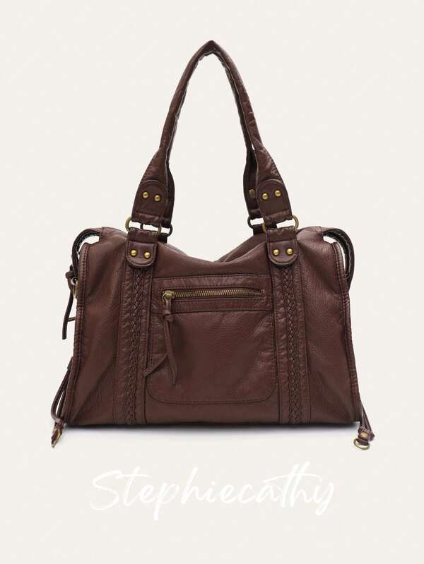 STEPHIECATHY Retro Casual Cool Street Unisex Style Soft Brush Off Washed PU Vegan Leather Zipper Closure Zip Pockets Braid Decor Large Capacity Fits 13' Laptop Tote Adjustable Long Strap Cross Body Shoulder Bag Women Daily College Commute Travel Versatile