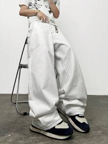 1 件正义兄弟个性化印花撞色缝线舒适休闲男士宽松直筒牛仔裤，四季百搭（不包括腰带/配饰） - 白色 - 查看 3