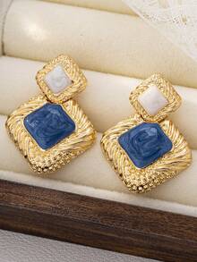 1 par de pendientes cuadrados de lujo con revestimiento bicolor de aleación de moda