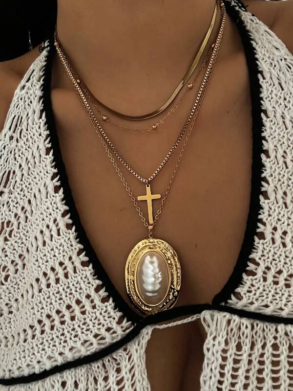 Vintage Baroque Faux Pearl Stainless Steel Pendant Necklace, Delicate Three-Layer Stacked Cross Pendant Stainless Steel Necklace