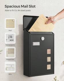 Modern Wall Mounted Post Box With Viewing Windows, Nameplate, Lock With Copper Core, Easy To Install, Black - 黑色 - 查看 4
