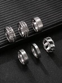 6pcs/Set Silver Stainless Steel Rings For Men, Fashion Rings Including Rotating Cuban Chain Stress Relief Ring, Solid Color Minimalist Rings, Suitable As Gifts For Boyfriend, Husband, Son, Halloween Must-Have, New Year Gift - Silver - View 1