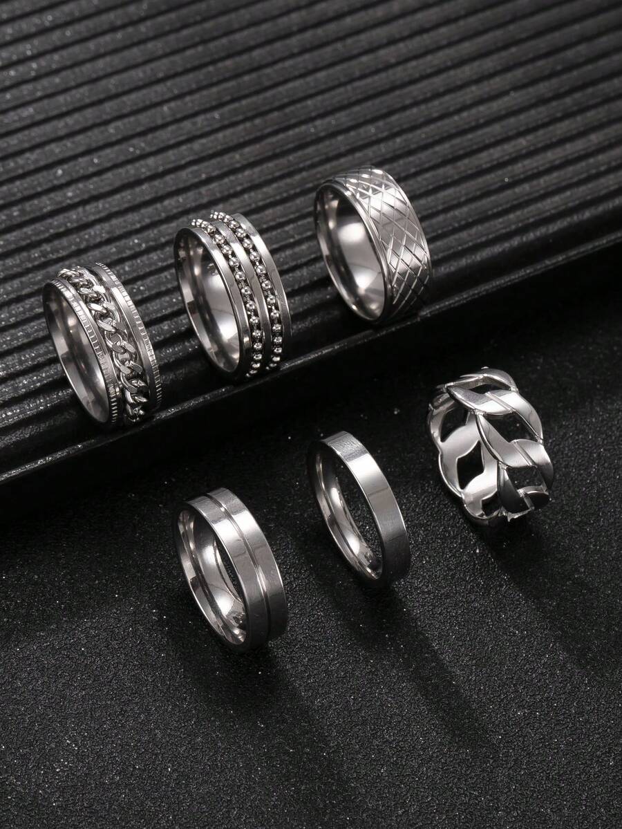 6pcs/Set Silver Stainless Steel Rings For Men, Fashion Rings Including Rotating Cuban Chain Stress Relief Ring, Solid Color Minimalist Rings, Suitable As Gifts For Boyfriend, Husband, Son, Halloween Must-Have, New Year Gift - Silver - View 1