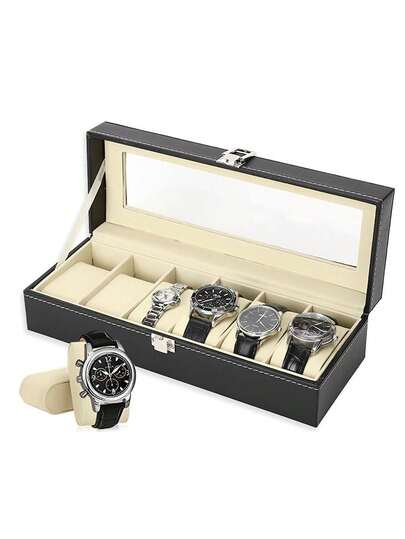 Caja para relojes con 6 compartimentos, caja para relojes con tapa de cristal, cojín extraíble, cierre metálico, idea de regalo, piel sintética negra y forro blanco,Caja para Reloj,Caja Organizadora de Relojes con Tapa Transparente