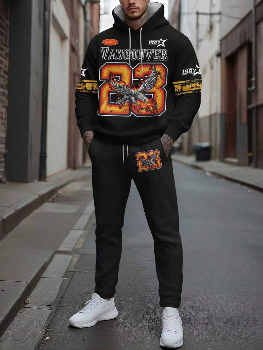 Men's Casual Eagle Print Hoodie Sweatshirt And Pants Set, Autumn - Multicolor - View 1