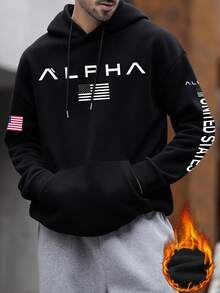 男士连帽衫，印有英文标语和图案，保暖内衬，时尚街头风，秋冬季长袖上衣 - 黑色 - 查看 2