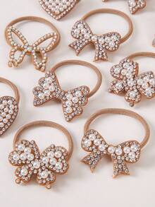 10pcs/Pack Teen Girls' Mini Shiny Rhinestone Pearl Heart/Bowknot Elastic Hair Ties, Simple & Cute, Suitable For Daily Use - Multicolor - View 6