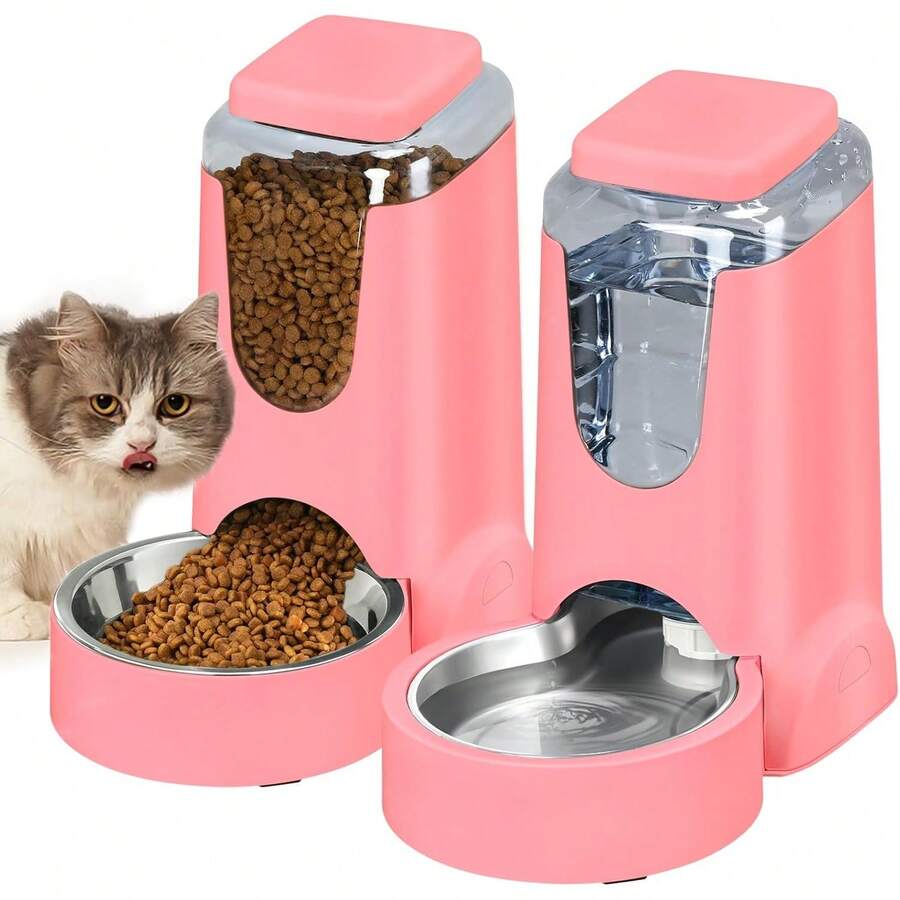 Automatic Cat And Dog Feeder And Water Dispenser With Stainless Steel Bowl For Small And Medium Pets, 1 Gallon X 2 - 粉紅色(3.8升*2) - 查看 1