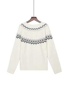 Women's Winter Fair Isle Sweater, Fashion Patterned Knit Fabric Ribbed Pullover, Suitable For Vacation, Holiday, And Everyday Wear, White - Beige - View 8