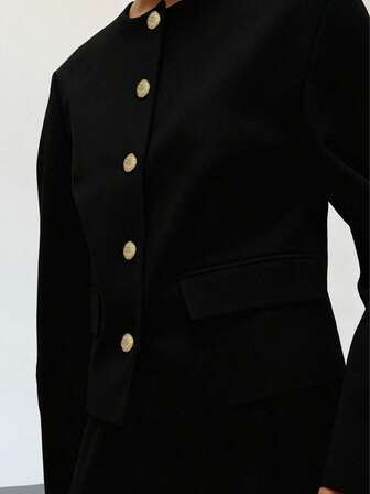 Women's Fashion Long Sleeve Black Woven Regular Length Jacket With Faux Pockets And Buttons