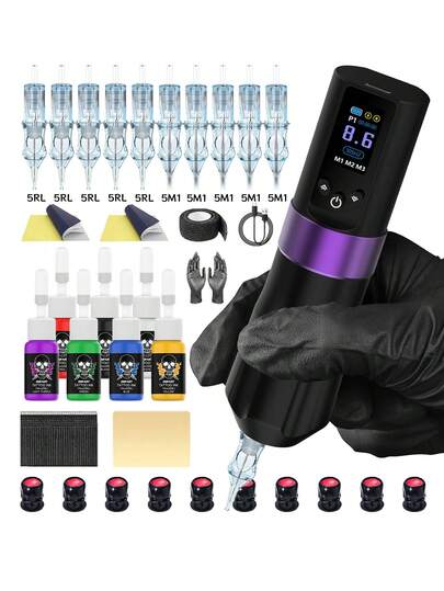 DQFART Kit de tatuaje inalámbrico, kit de tatuaje completo, que incluye máquina de tatuaje tipo pluma todo en uno, 10 agujas de tatuaje, 7 juegos de tinta de tatuaje, papel de transferencia de tatuaje, accesorios de tatuaje, suministros de tatuaje adecuados para principiantes y artistas de tatuajes, excelentes regalos para fiestas