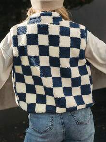 Ins 风格棋盘格蓬松背心女短款复古方格图案宽松无袖夹克外套，秋冬 - 藍色 - 查看 3